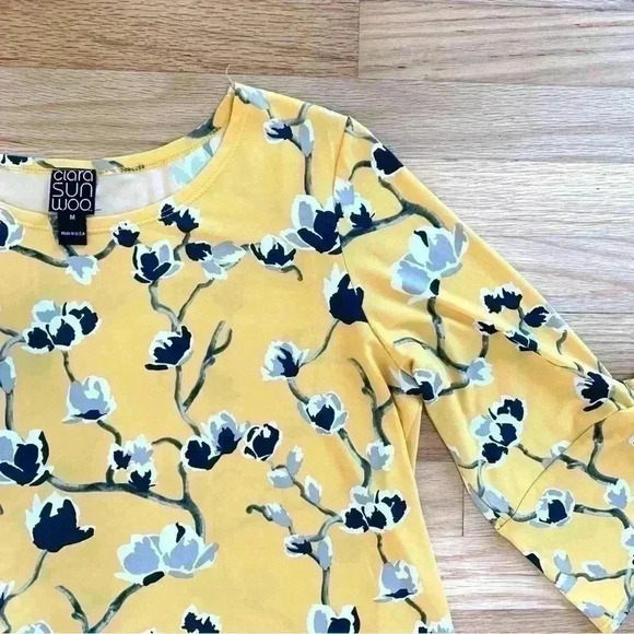 Clara Sun Woo Bright Floral Tie Sleeve Side Slit Tunic Wrinkle Free Size Medium - Picture 2 of 11